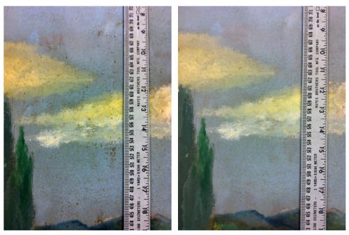 Oil painting before and after cleaning.